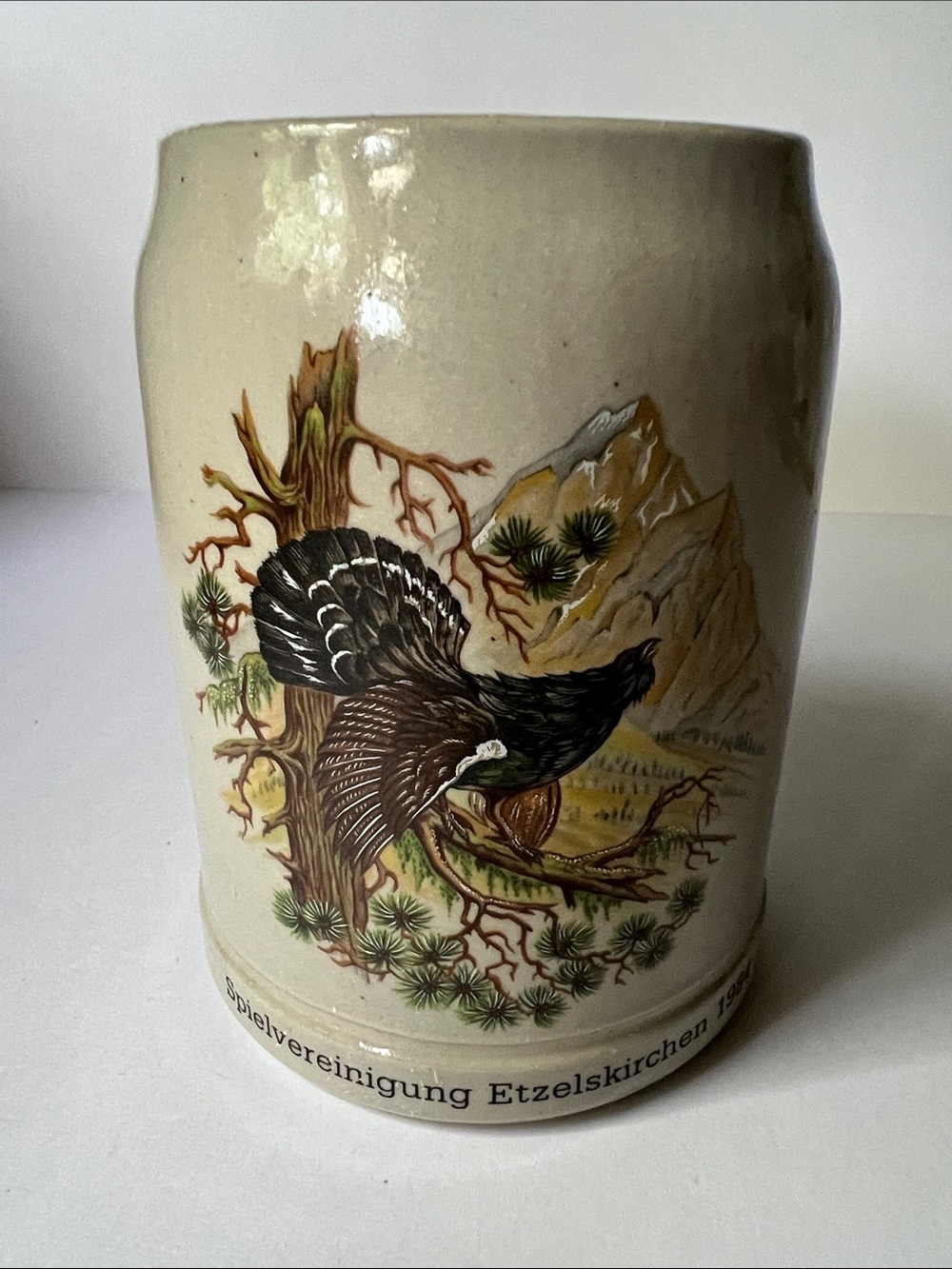 Vintage 1984 Stoneware West German Mug with Brown Game Bird on Cream Background